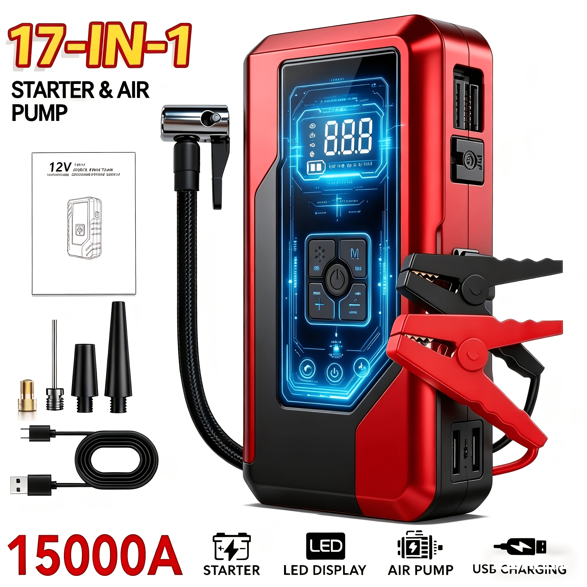 TEMU 18000a Portable 14.8v Emergency Power Supply Air Pump Jumper Cable With Air Compressor, 150 Psi Digital Tire Inflator, Usb Input/output, Led