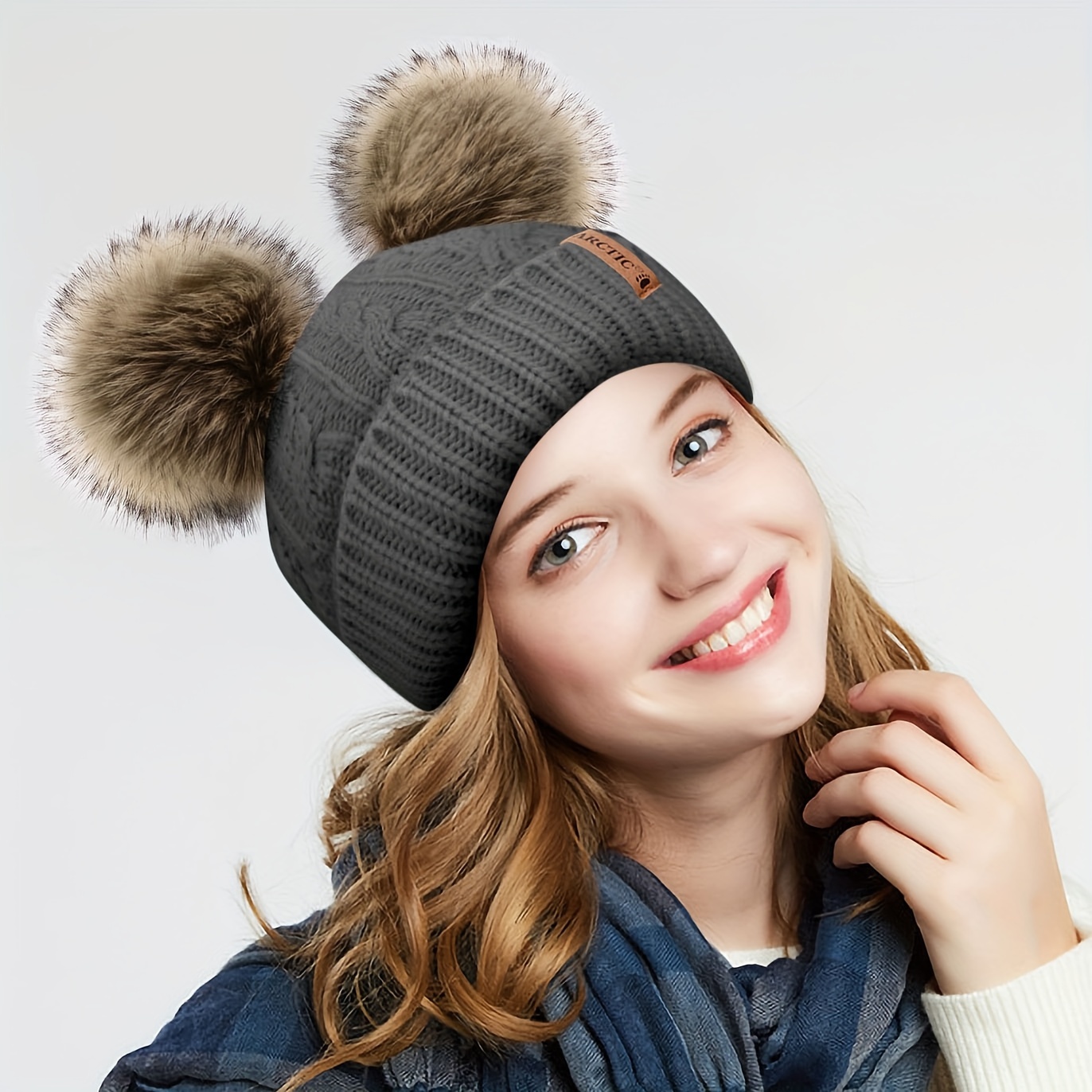 

Women Beanie Hat Pom Pom Beanie Fleece Lined Winter Hat Grey