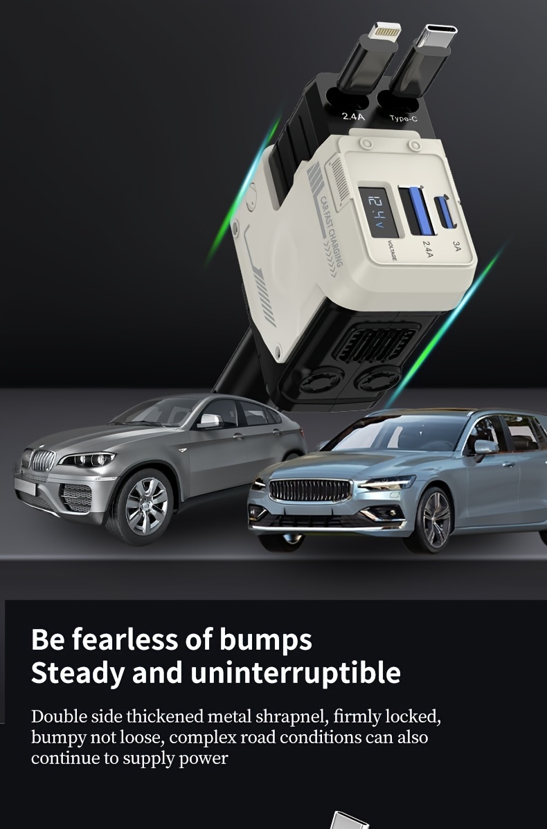 [Fast Car Charger] 120W 4-in-1 Retractable Fast Charging Car Charger - PD 3.0 Type-C Mobile Phone Charger For IPhone, Xiaomi, Huawei, Samsung Smartphone - Short Circuit Protection, Over Heat Protection, Over Voltage Protection, Over Charge Protection