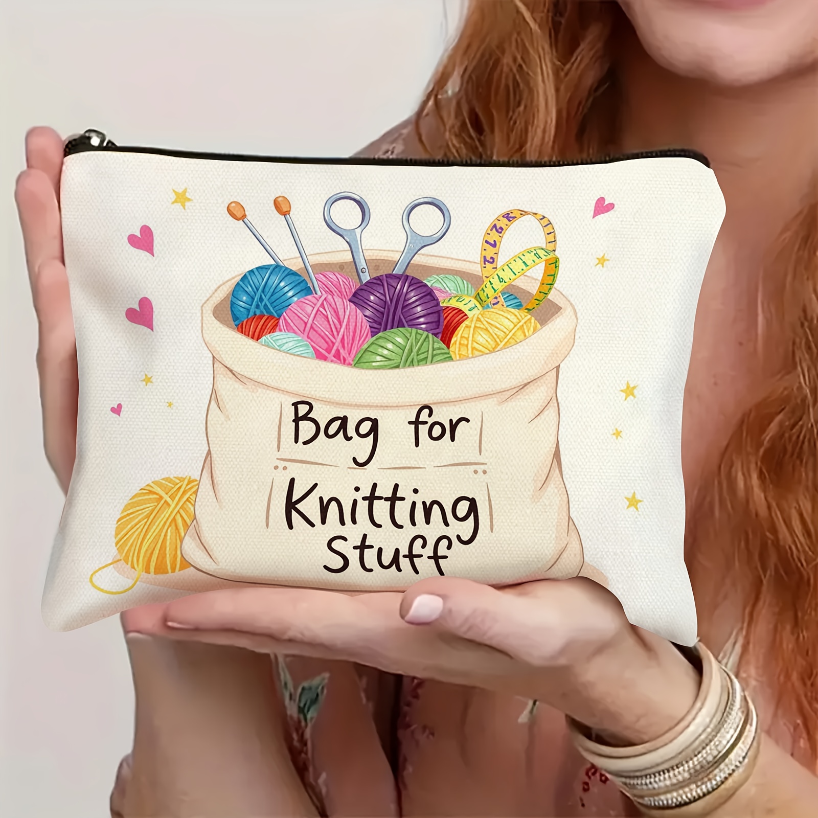 Image of Handmade Knitting Enthusiast's Cosmetic Bag With Yarn Ball, Scissors, Crochet Hook And Measuring Tape - Beige Background - Perfect Gift For Knitters, Crocheters And Crafters - Durable Cosmetic Bag