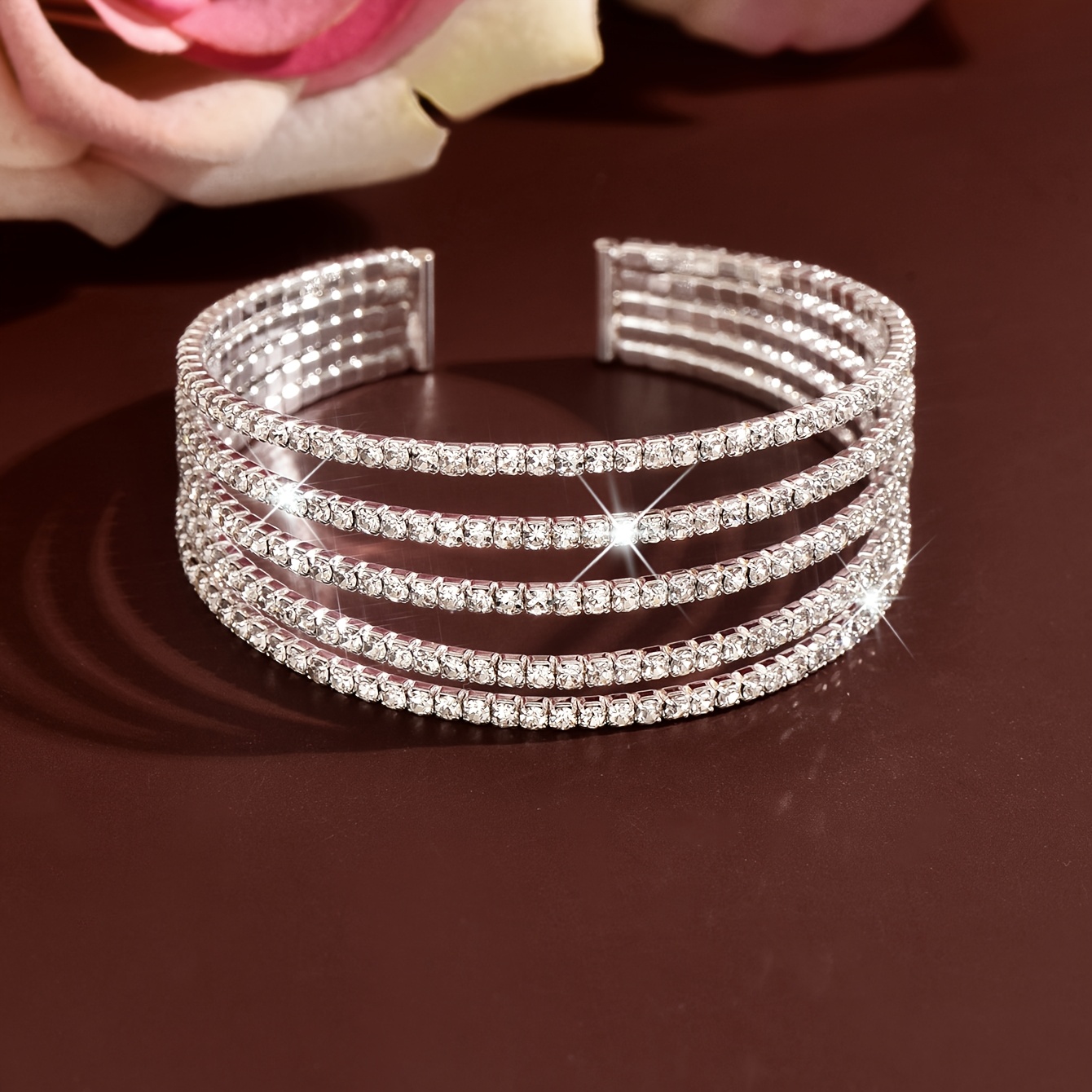 TEMU Light Luxury, High-end, Exquisite, And Minimalist Five-row Rhinestone Open Bangle Bracelet, A Casual Everyday Bracelet For Women, A Trendy