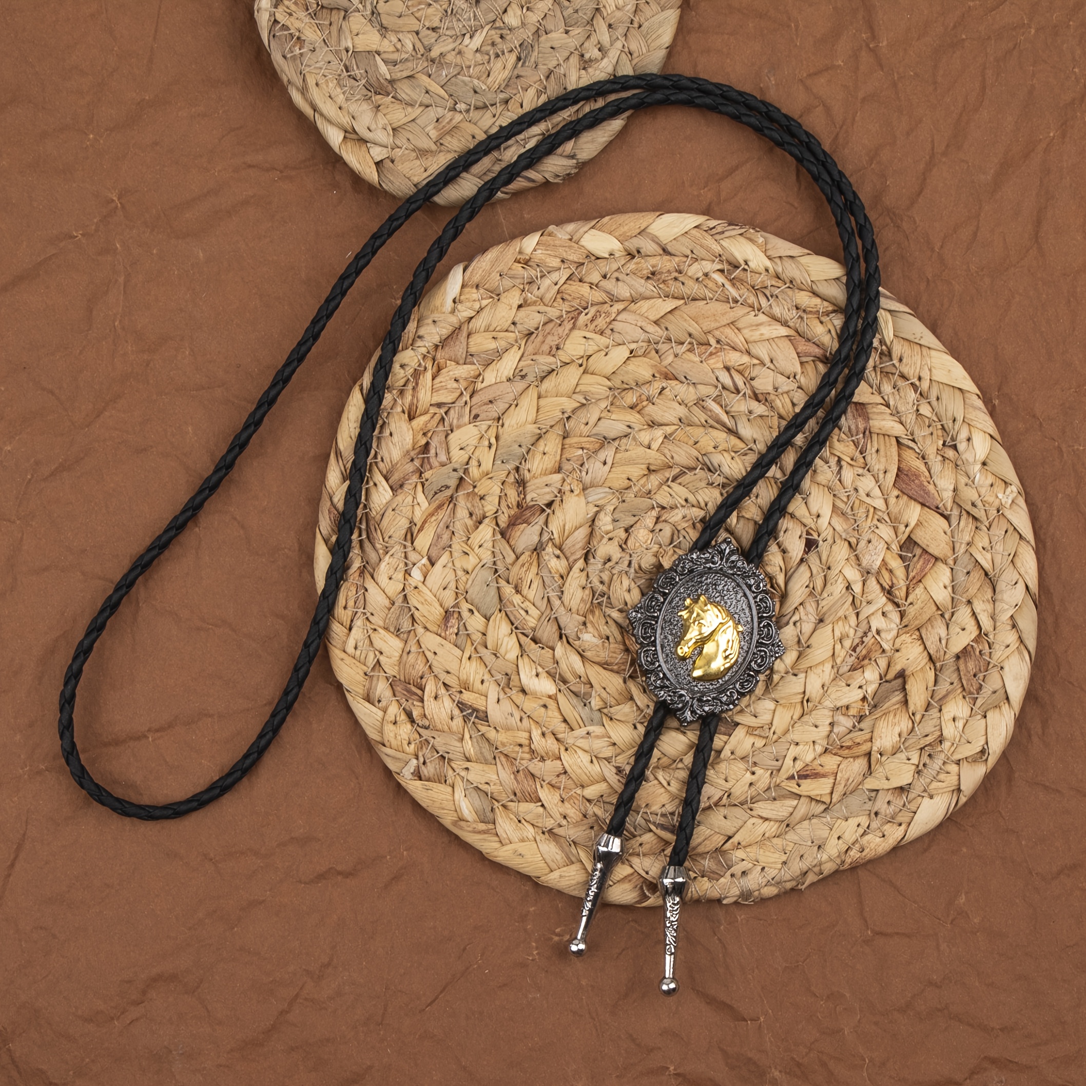 TEMU 1pc Retro Western Cowboy Style Bolo Tie Drip Oil Pendant Long Sweater Chain Horse Head Alloy Accessory Bolo Necktie Necklace