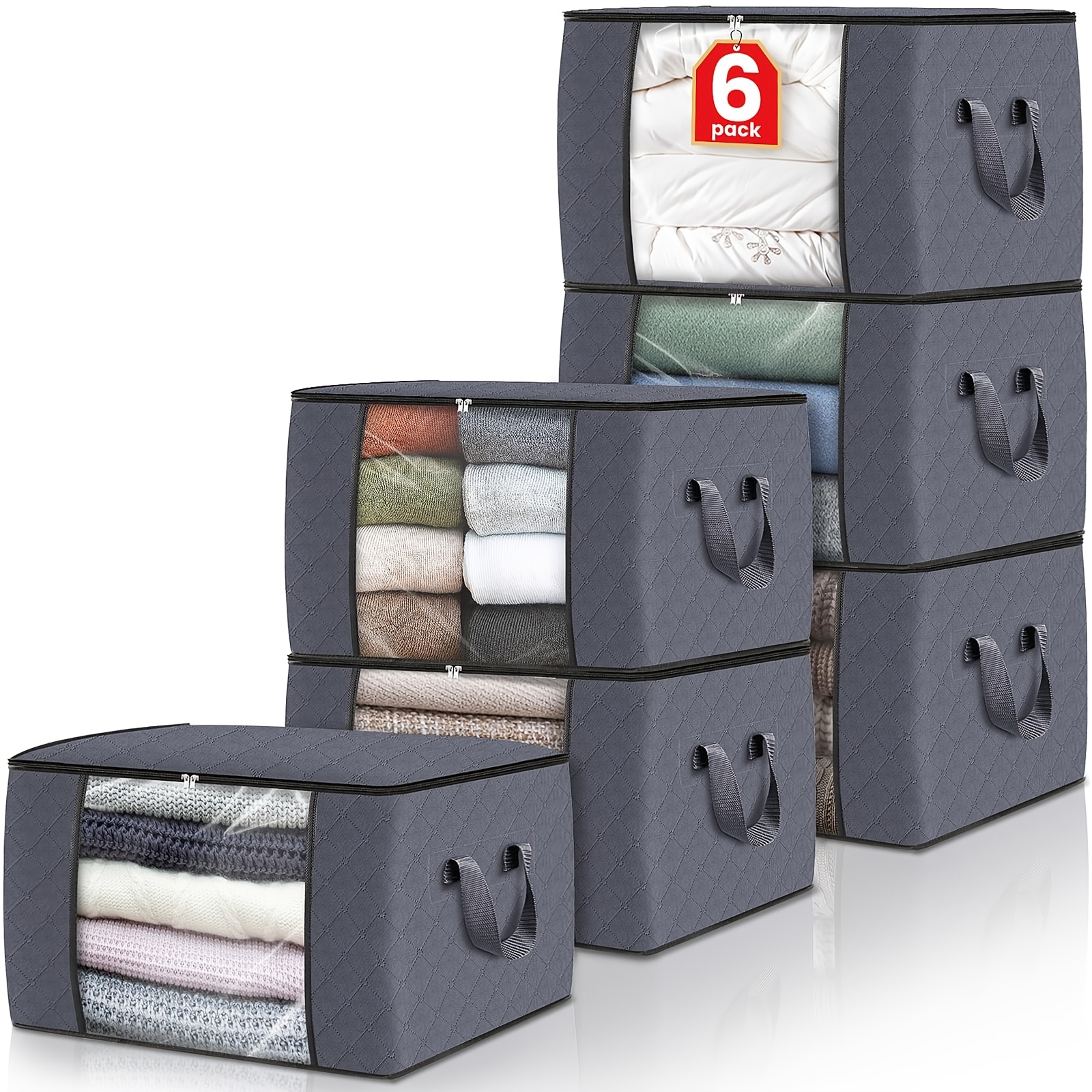Image of 6/8/10pcs 60l-90l-120l Storage Bags, Large Clothes Storage Bags With Zips Durable Handles Thick Fabric For Clothes, Bedding, Blankets, Comforters (grey), Under-bed Storage