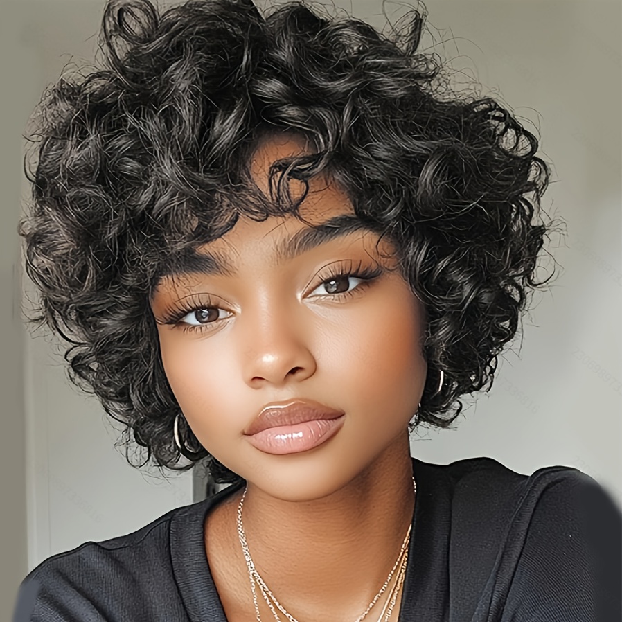TEMU Human Hair Wig With Bangs, Featuring An Egg Design And No Glue Required - 180% Density, , Short Curly Bob Style With Deep Wave Curls, And A 6-inch Cut