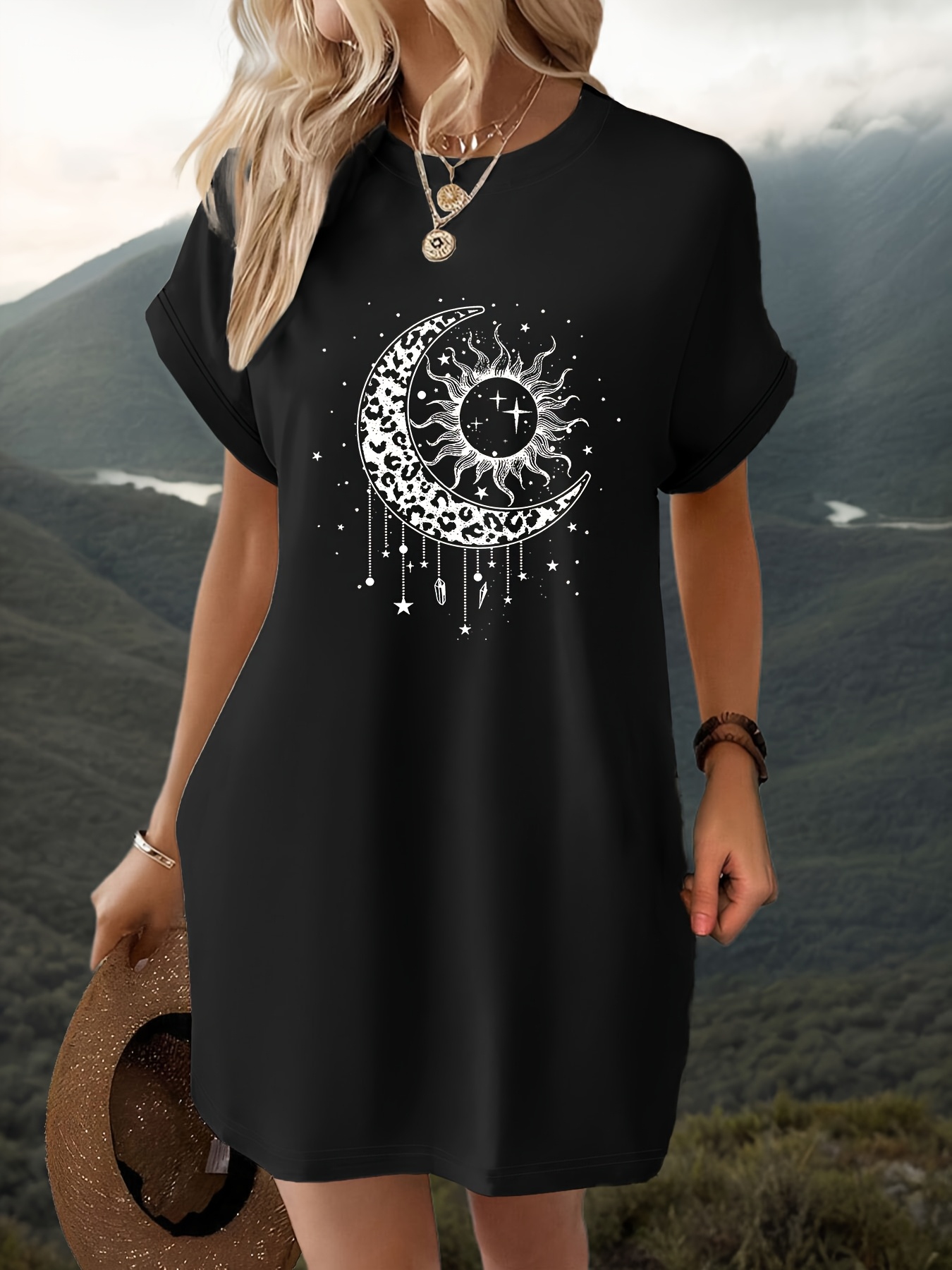 womens bohemian celestial moon sun stars print t shirt dress