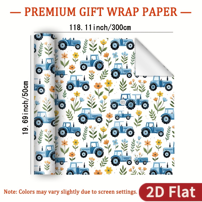 TEMU 1 Rolle 2D flaches Geschenkpapier mit Bauernhof-Motiv -Finish – Weiße Basis mit blauem Traktor orange-gelbem Blumenmuster, 118,11 x 19,69 Zoll.