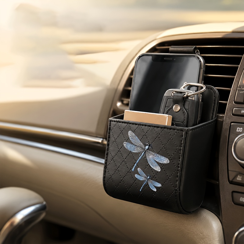 TEMU 1pc Dual Blue Dragonfly Print Car Air Vent Storage Box Mini Car Storage Box Multi-functional Mobile Phone Holder Car Phone Holder Car Interior