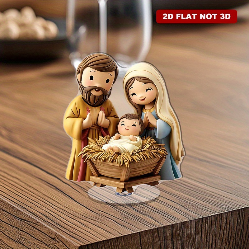 TEMU 2d Flat, 2d Flat - [2d Flat] 2d Design, Realistic In Manger With Mary And Joseph Cartoon Style - Rotatable Acrylic Display Stand, Wooden Base,