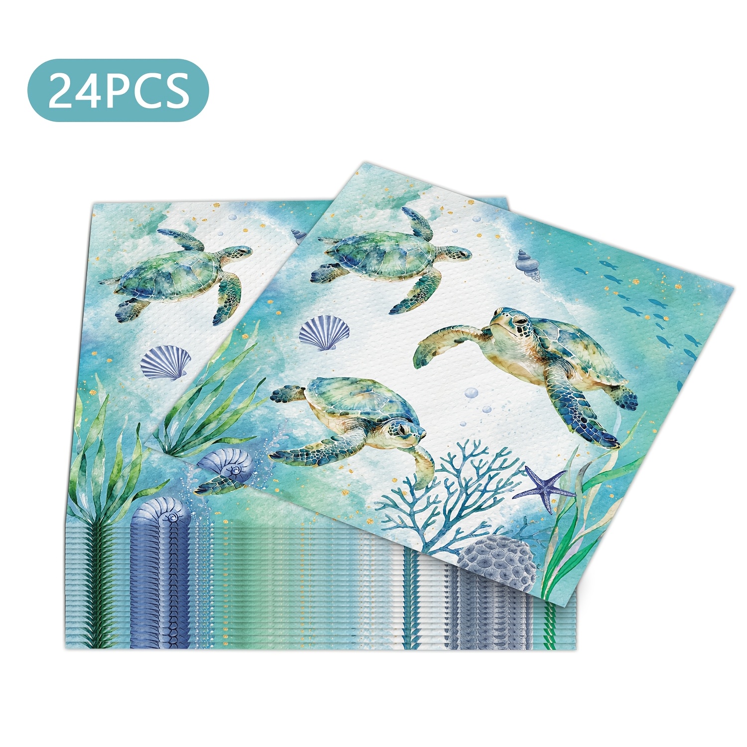 TEMU 24pcs Watercolor Sea Turtle Disposable Paper Napkins, Seashell Starfish Pattern Napkins, Underwater Beach Holiday Party Table Decor Supplies