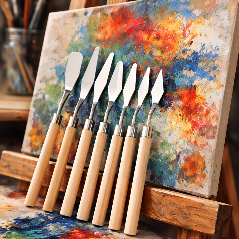 7pcs Painting Palette Knife Set, Stainless Steel Scraper, Palette Knife, Wooden Palette Knife For Oil Paint