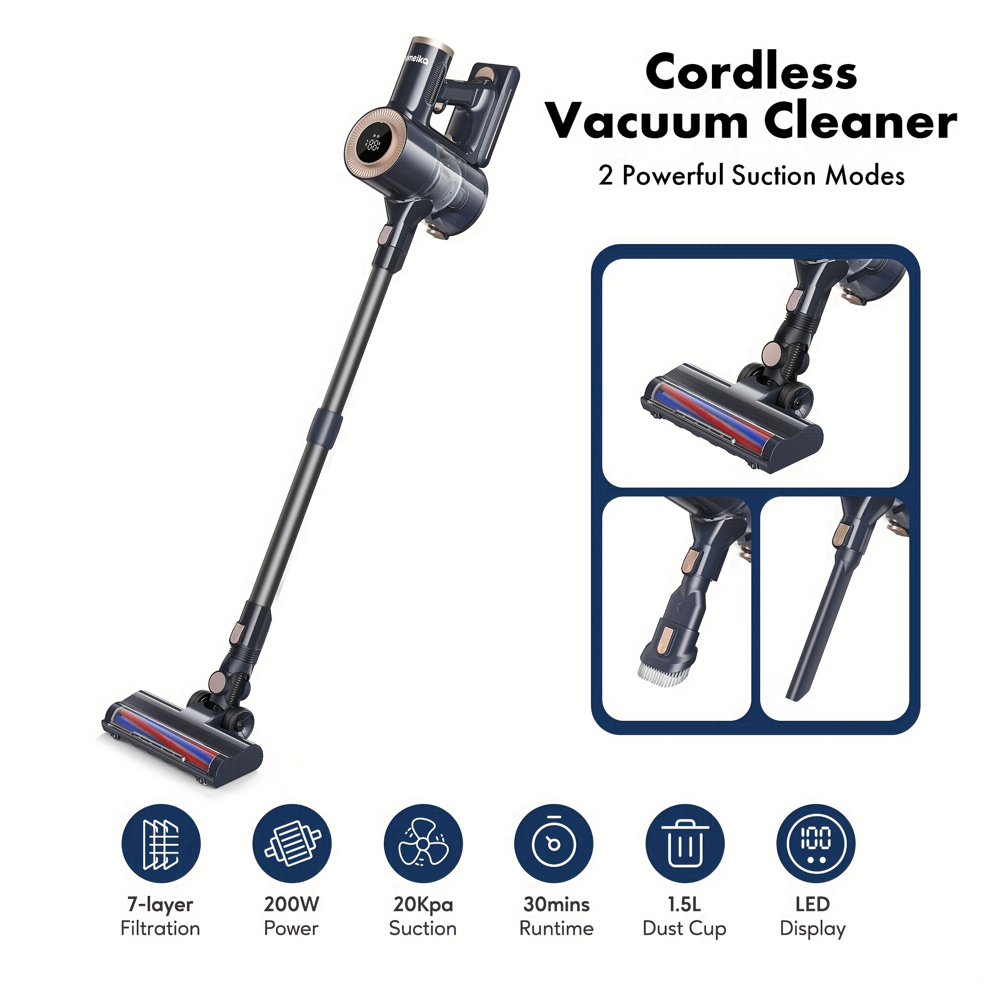 

H016 Cordless Vacuum Cleaner, 20kpa Powerful Suction Vacuum Cleaner With Led Display, Detachable Battery, 1.5l Dust Cup, For Carpet And Hard Floor Pet Hair