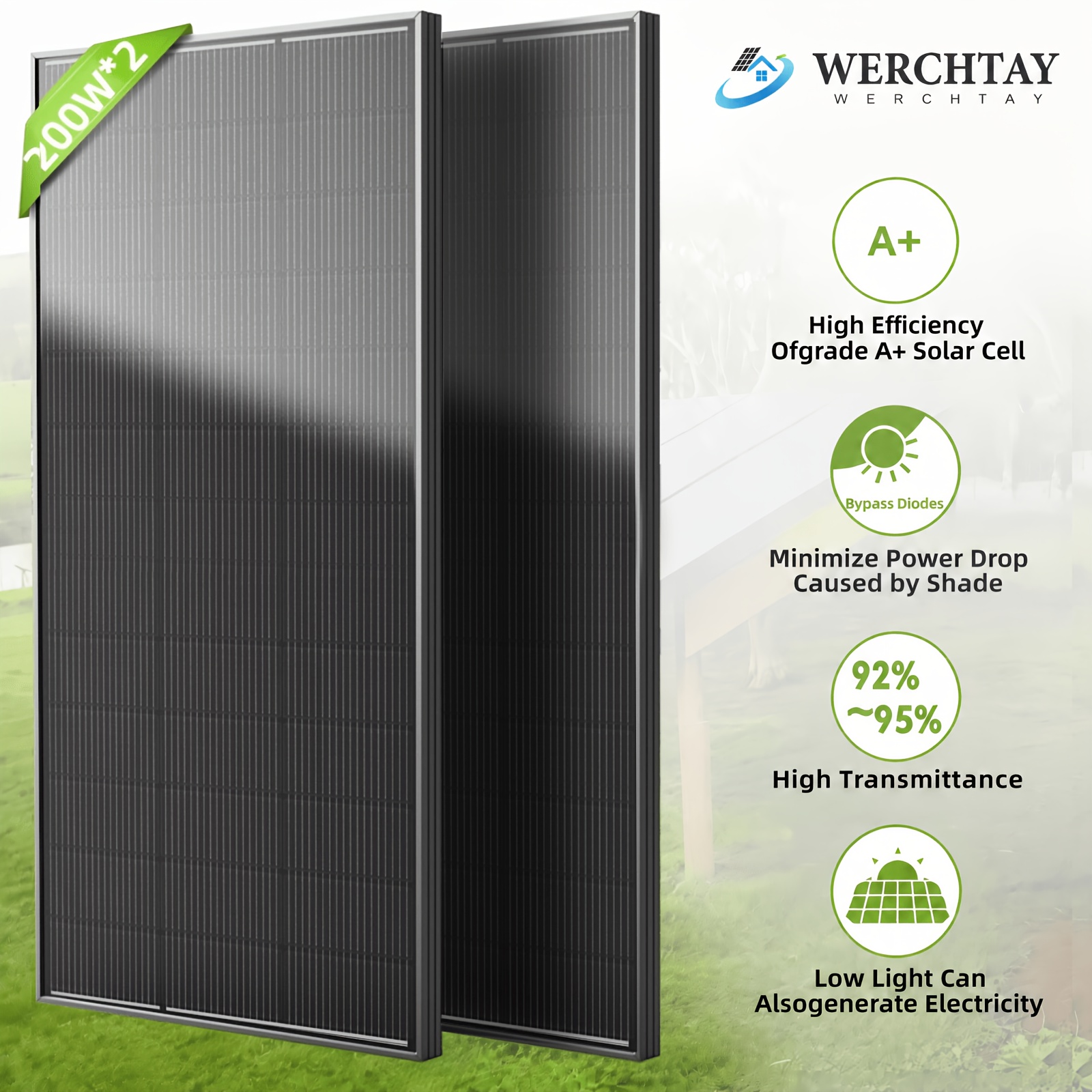 TEMU Werchtay Solar Panel 400w Black Backsheet, 2pcs 200 Watt 12v Solar Panel, 25% High Efficiency Monocrystalline Pv Module For Marine Home Rooftop