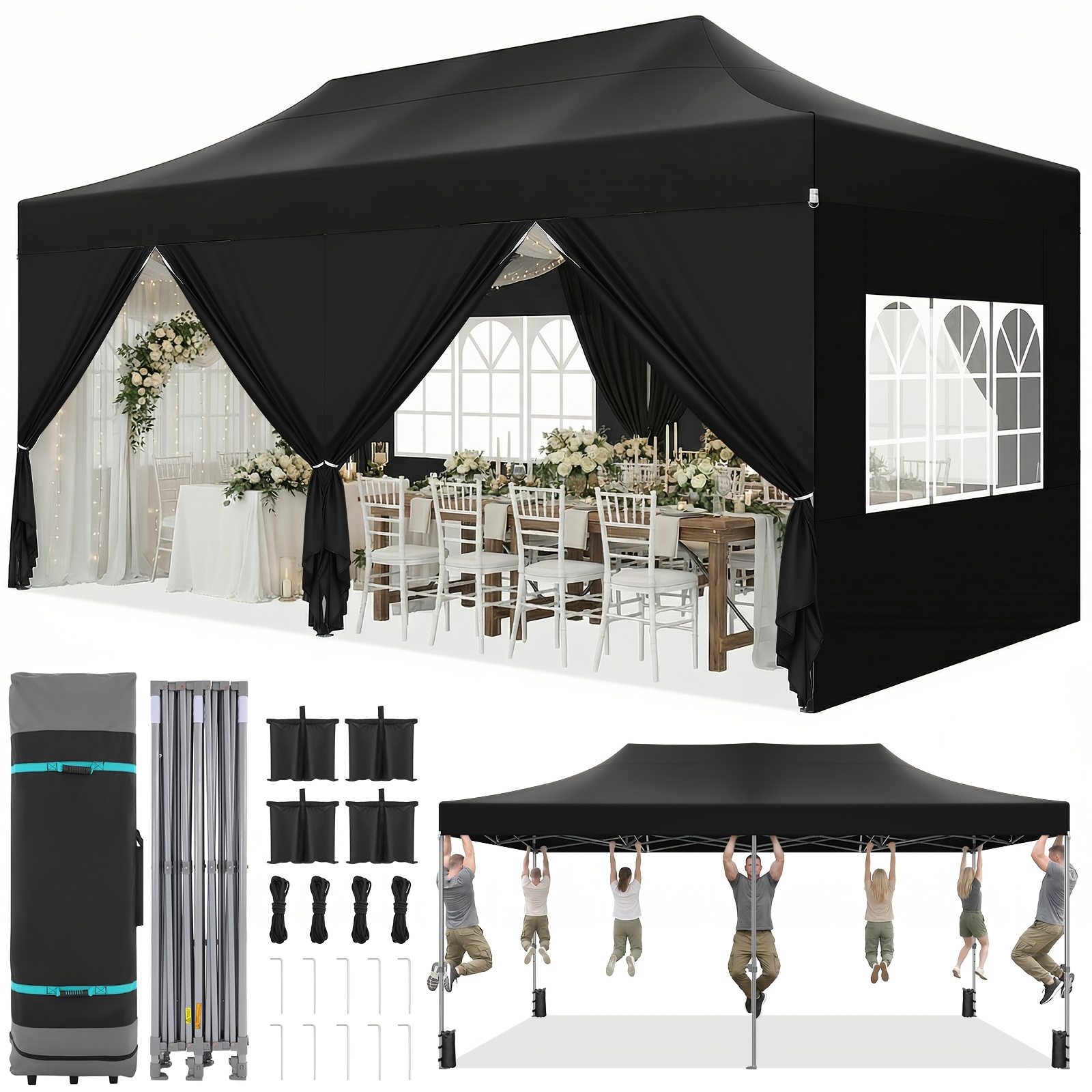 3 X 6 M Heavy Duty Quick- Sun Canopy, With 6 Side Panels And 4 Sandbags, Commercial Marquee For Party, Suitable For Wedding Parties, Lawns, Picnics, And Garden Tents.