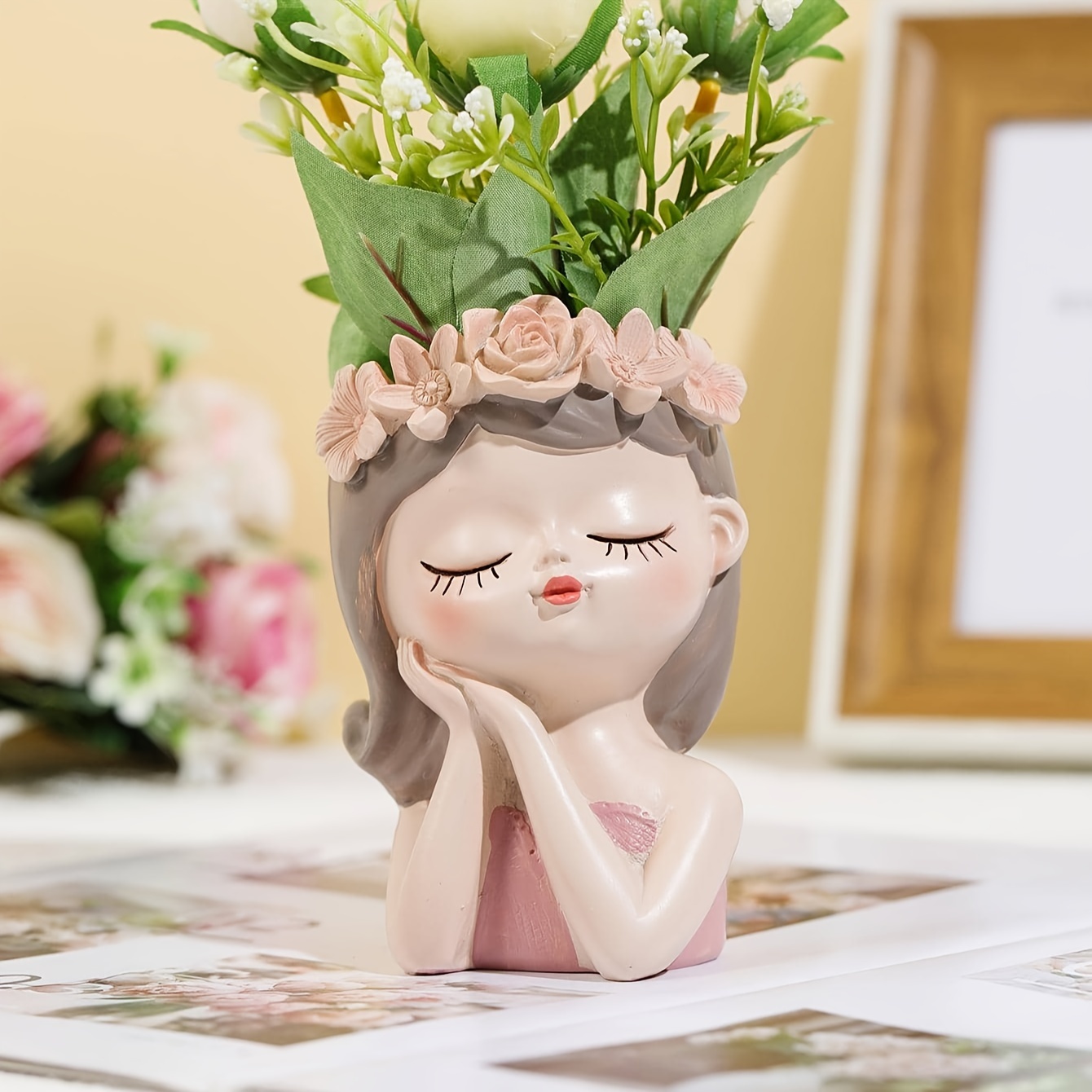 

1pc, Resin Flower Vase, Girl Figurine Design, Decorative Plant Pot, Home Decor, Table Centerpiece, Indoor Accent, Pink Floral Decor
