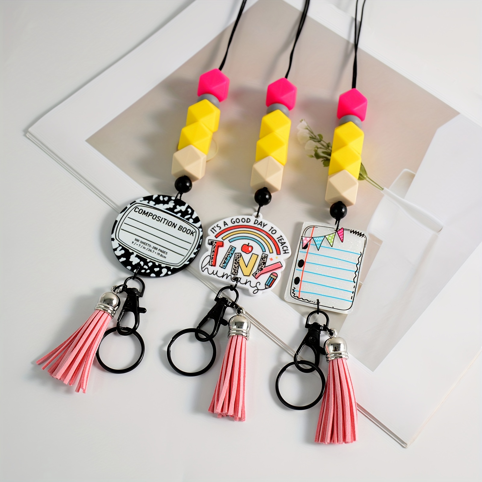 

1pc Silicone Beaded Lanyard Keychain With Tassel Pendant For Teachers - Bohemian Acrylic Colorful Badge Holder - Ideal Graduation Gift For Women