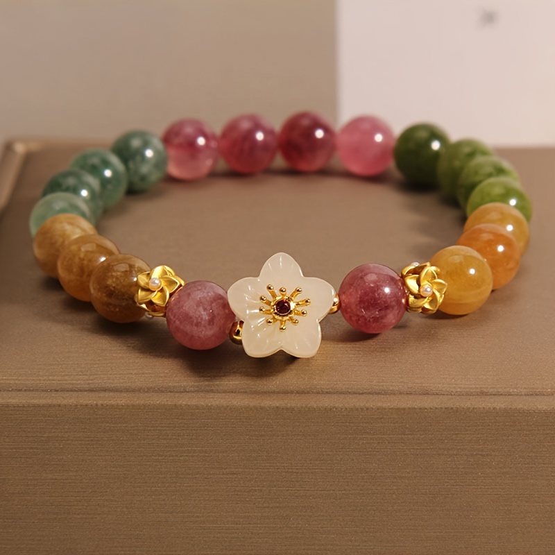 

1pc Artificial Stone Beaded Bracelet With Lotus Flower Charm Bead Bracelet For Women Men