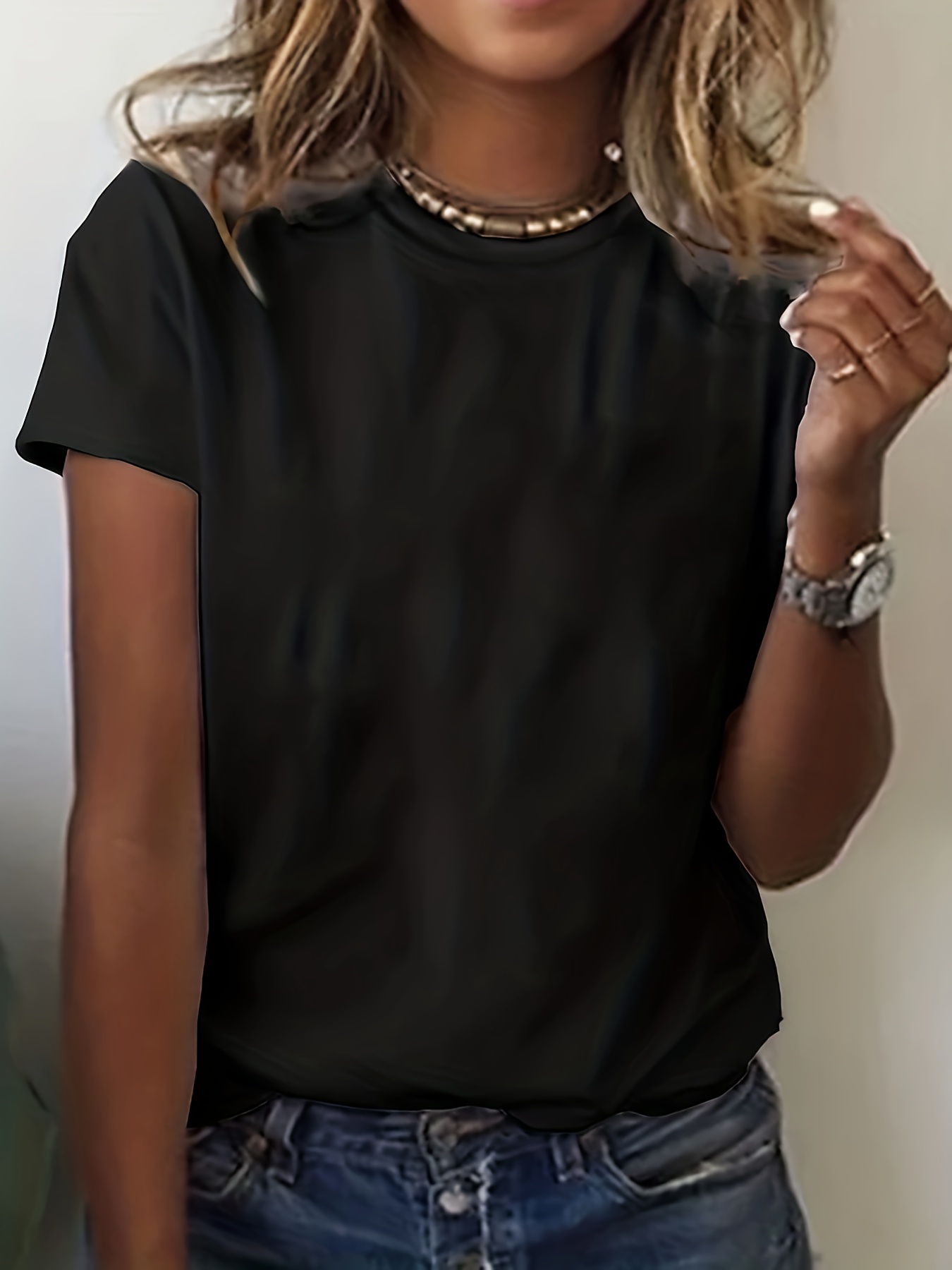 Solid Crew Neck T-shirt, Short Sleeve Casual Top For Summer & Spring, Women's Clothing