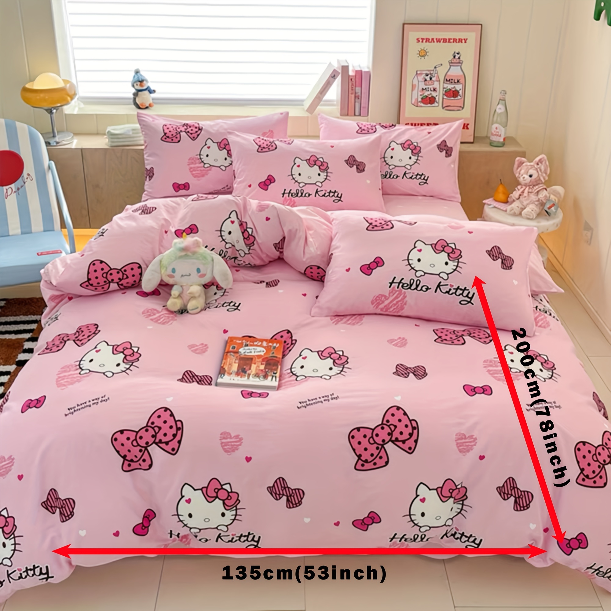 Image of Hello Kitty Duvet Cover, Cat Bow Cartoon Pattern Bedding, Comfortable Breathable Soft Machine Washable, Universal For Bedroom Room Decor, 1pc Duvet Cover And 2pcs Pillowcases Without Core