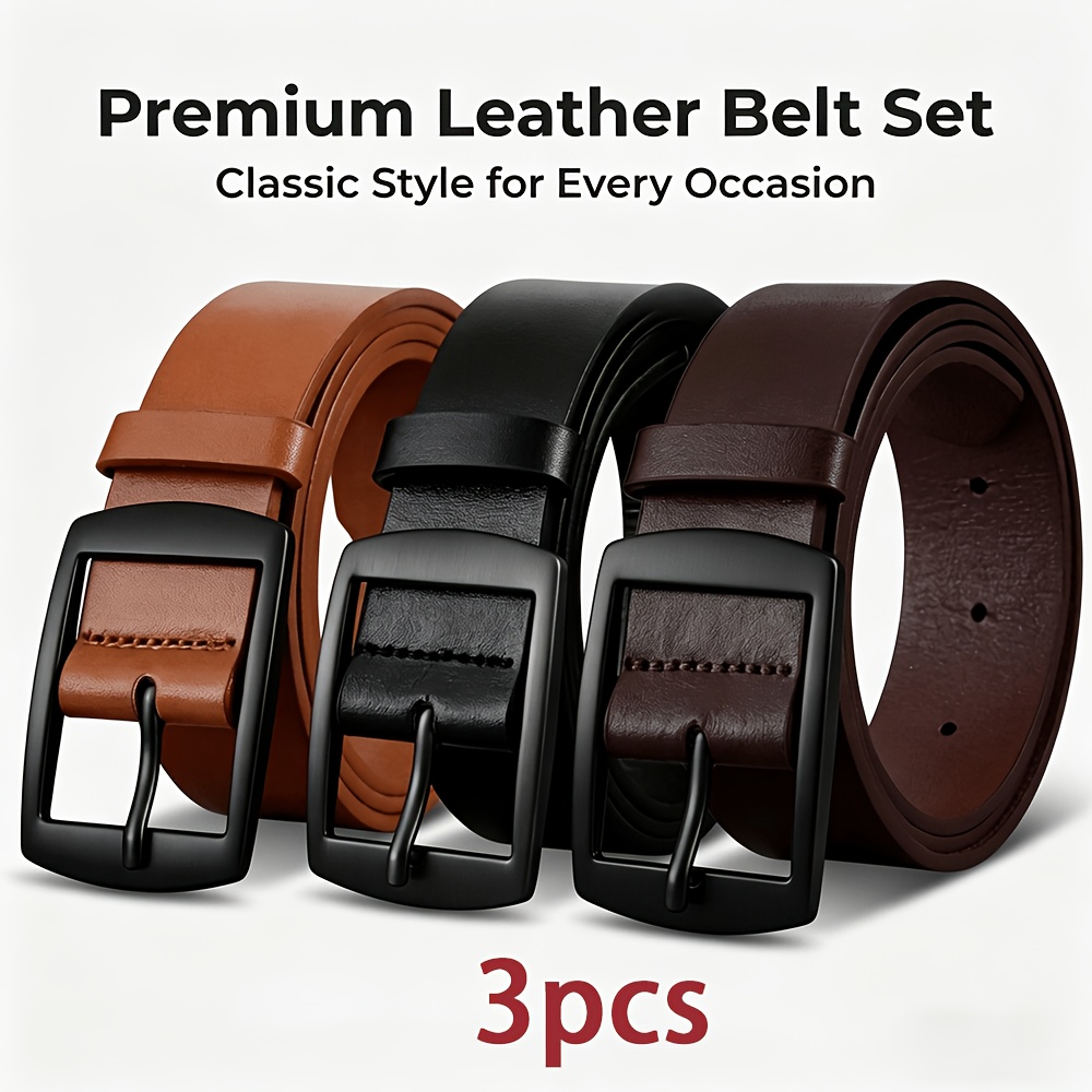 TEMU 3pcs Fashion Black Plated Sun Men's Belt-casual Microfiber With Square , Design For St Patrick's Day And Easter, Belt Men