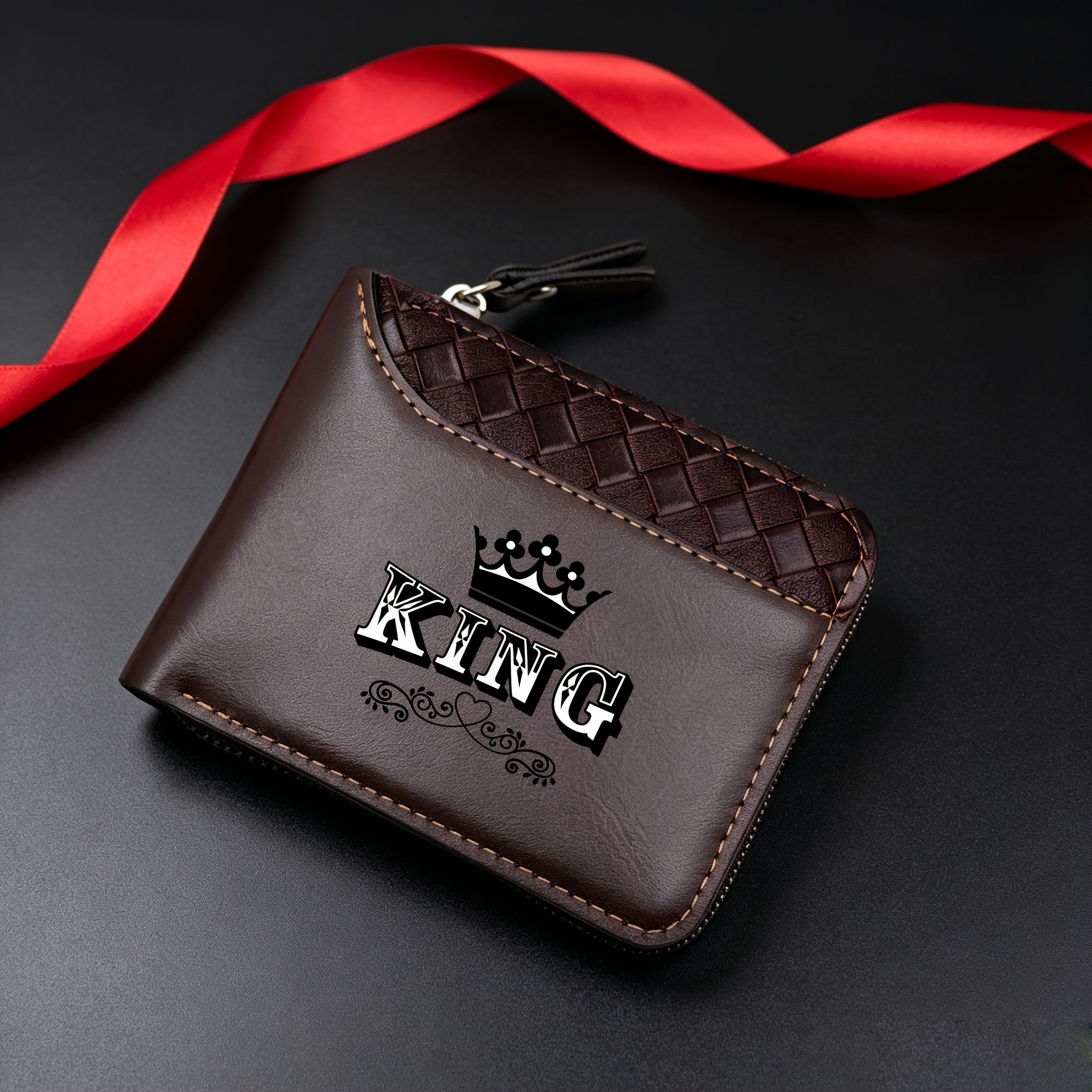 TEMU Men's Wallet With "king" Letter Crown Pattern - Crocodile-textured Synthetic With An Elegant Zipper Closure. Features A Multi-card Slot Design.