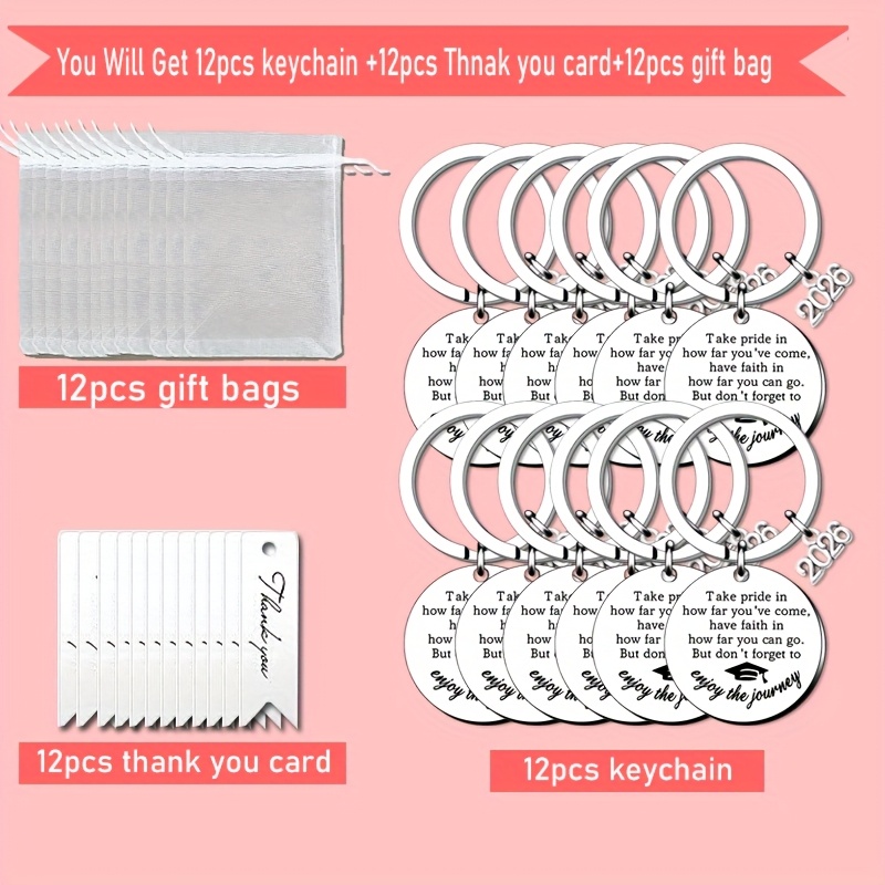 TEMU 36pcs Graduation Party Small Gift Sets, Including 12 Stainless Steel Keychains, 12 Thank You Cards, And 12pcs White Tulle Bags - A Universal