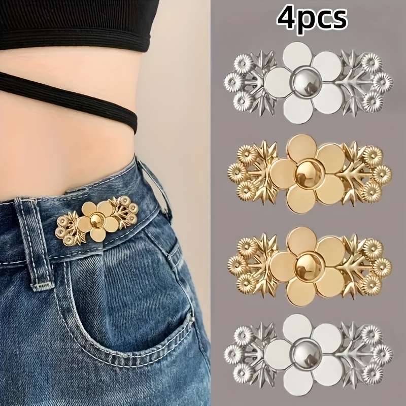 

4-pack Adjustable Waist Buckles, Floral Chinese Style Vintage Hanfu Qipao Snap Buttons, Denim