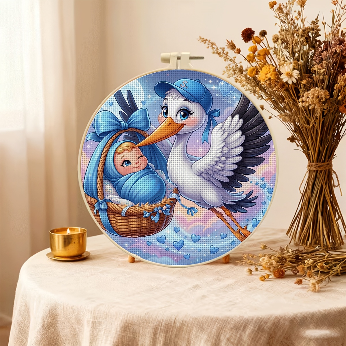 11CT Printed Fabric Cross Stitch Kit, Blue Hat Stork Design