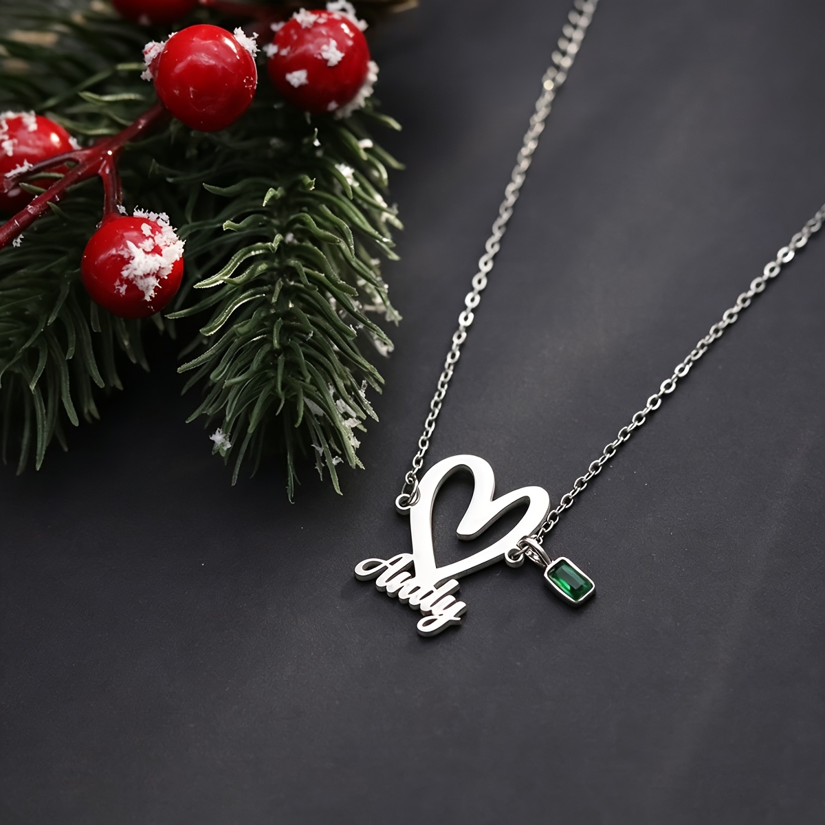 Women's Custom Heart Name Bracelet with Green Crystal Charm