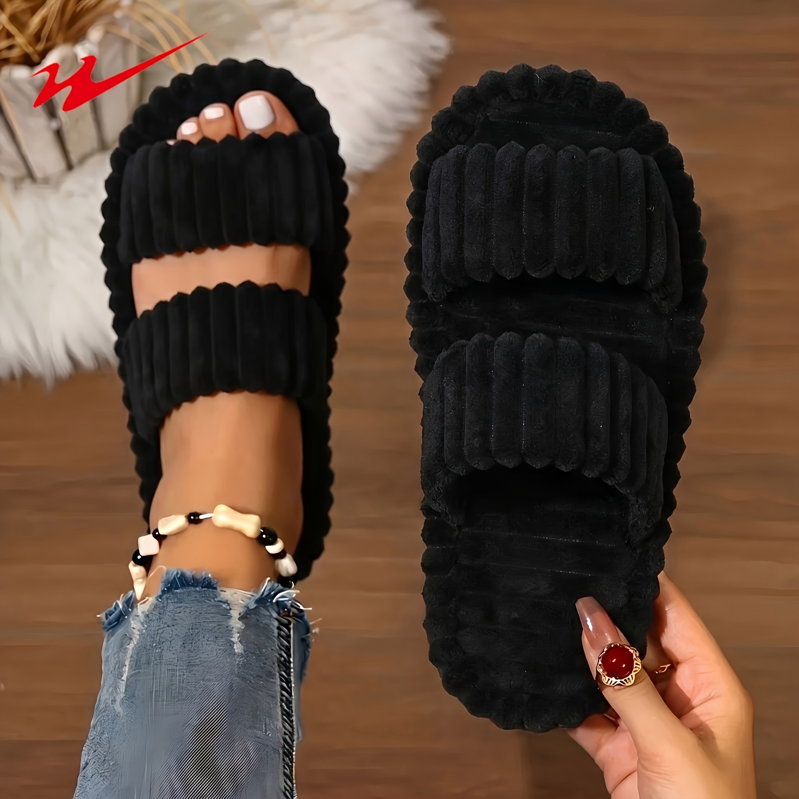 TEMU Women's Plush Striped Slippers, Soft Warm Indoor Shoes Sole, Soft Fabric Upper Lining Floor Casual Footwear
