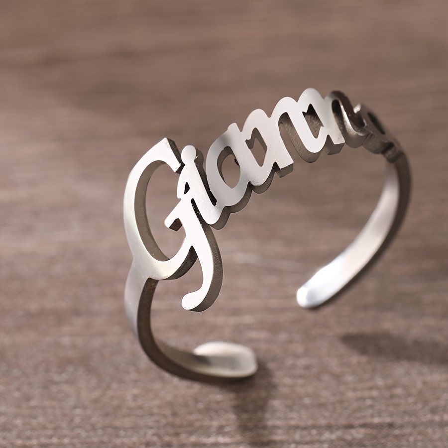TEMU Custom Name Ring For Women - Personalized Stainless Steel Jewelry, Adjustable & Stackable, Elegant Cursive Letter Design, Casual Attire Or Party Accessory, Ideal Holiday Gift