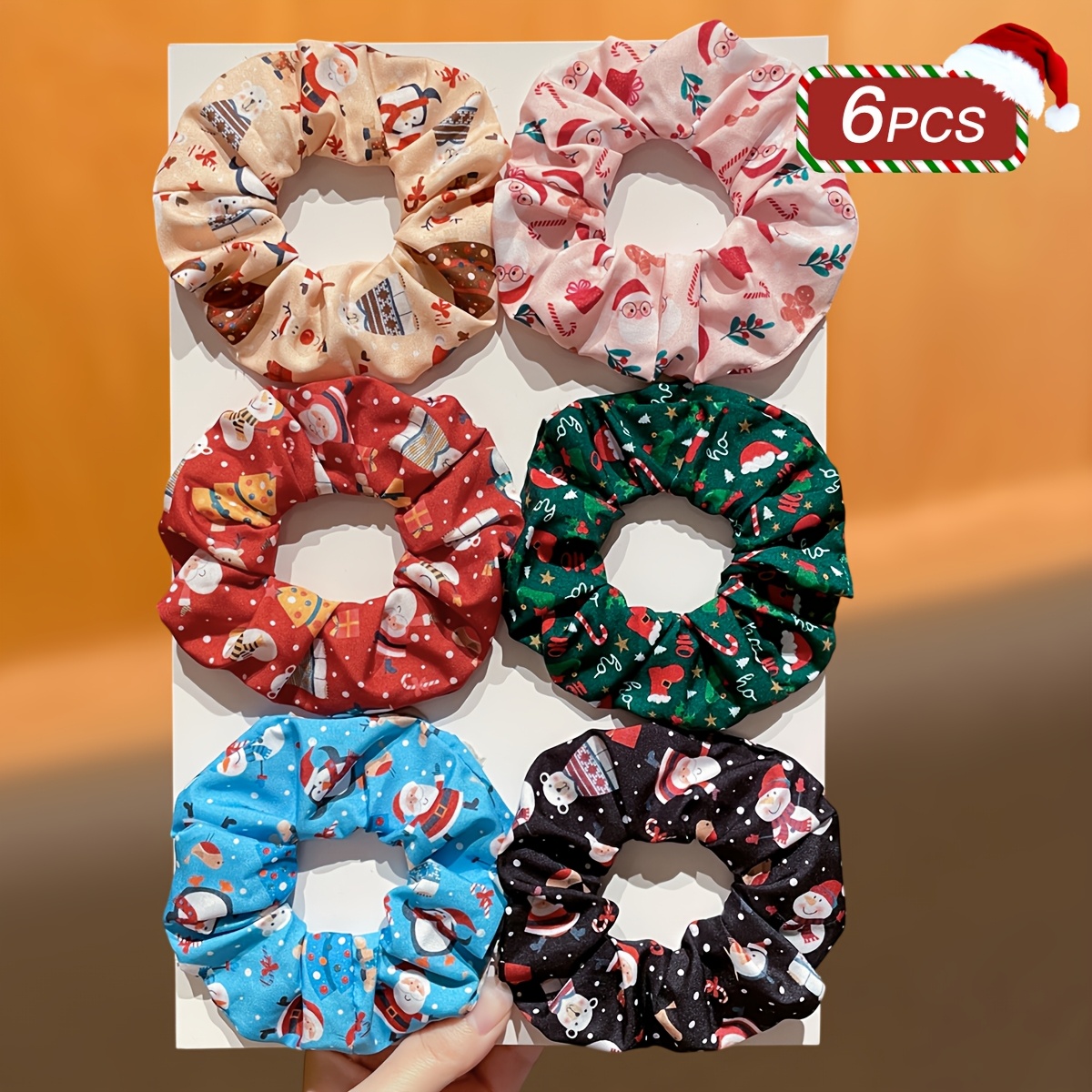 TEMU 6pcs Christmas Hair Ties Set, Santa Claus And Snowman Print Scrunchies, Christmas Holiday Party Accessories For Women, Suitable For Christmas