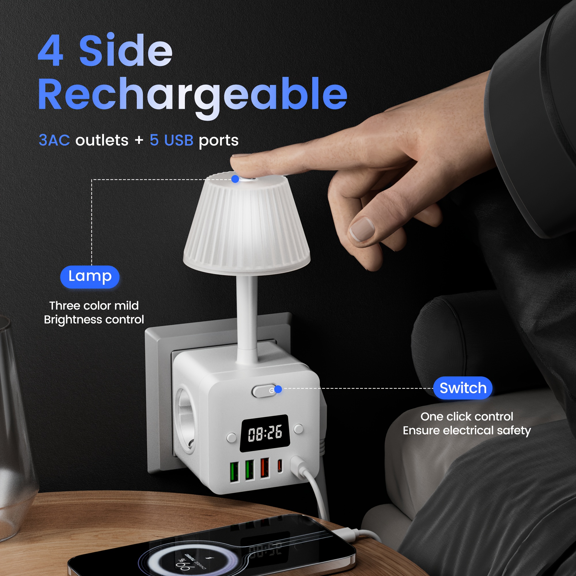 10in 1 power alarm clock with 2 usb c desktop charging station 3 ac power outlets 3 usb a power cord with protector for setting for bedroom dorm room Product details 2