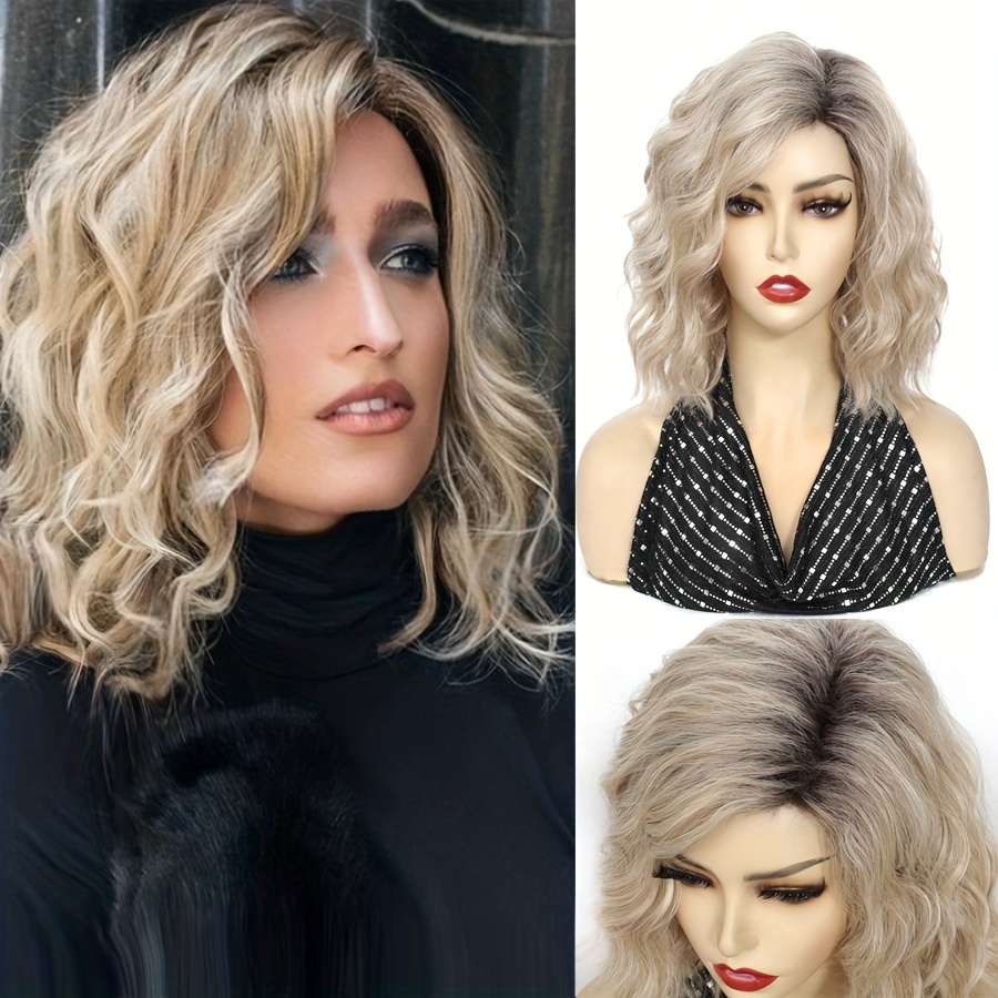 elegant curly wave bob wig women platinum blonde dark roots Temu