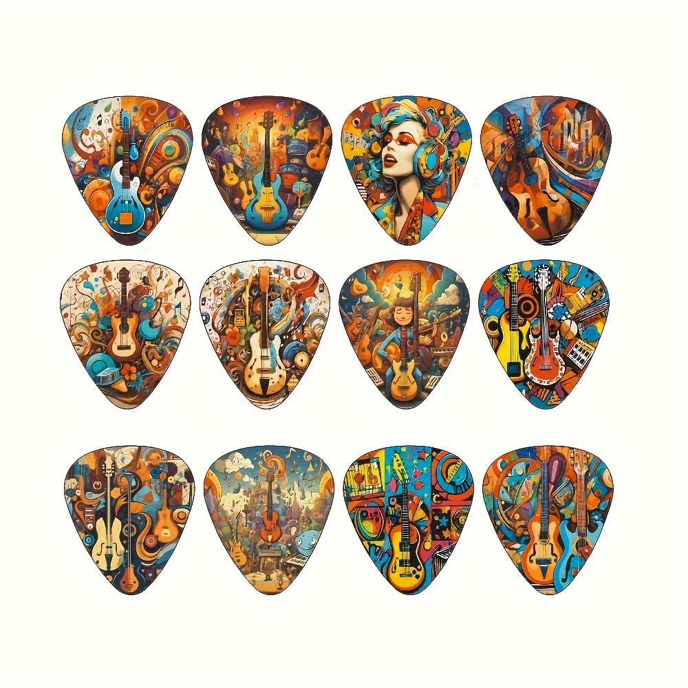 

12pcs/set Painted Theme Guitar Picks, 12 Styles Cartoon Music Elements Theme Design Pattern, Bass, Kite, Ukulele Painted Playing Pieces, Musical Instrument Accessories