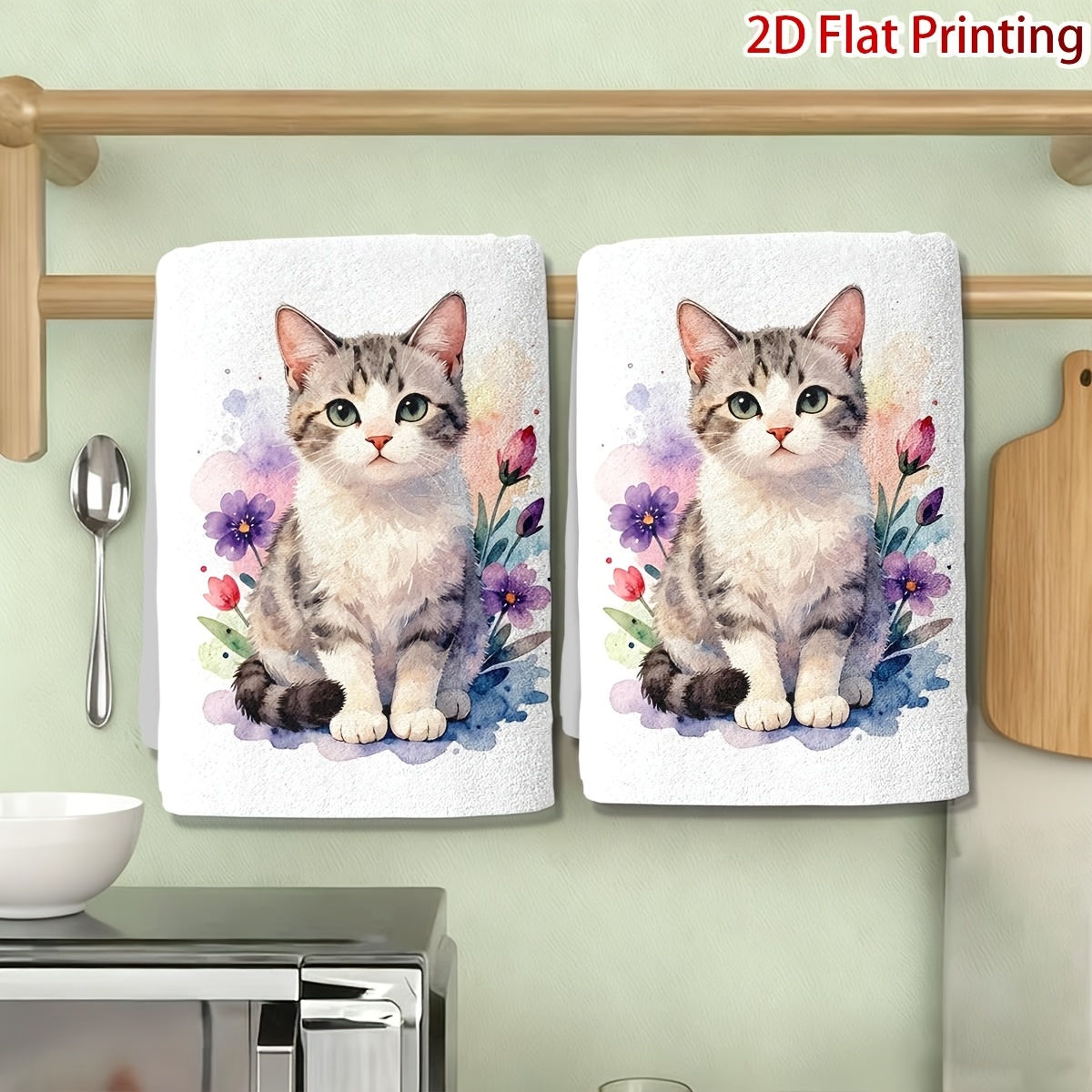 TEMU Cleaning Cloth 2pcs Kitchen Towel Cat Theme 2d Flat Design Kitchen Towel Cleaning Cloth Dish Towel Tea Towel Tableware Drying Travel Scene