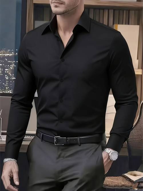 high end mens solid color shirt simple commuter long sleeved top for spring and autumn suitable for inner and outer wear