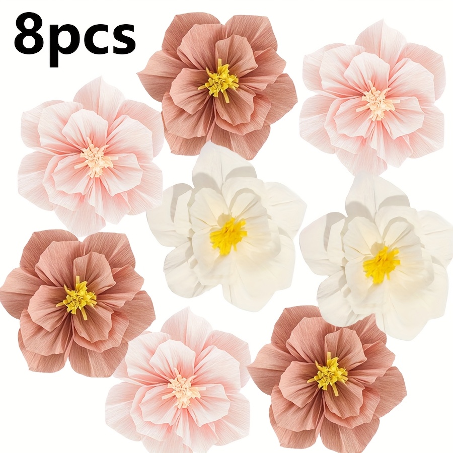 Image of 8pcs Pink, Rust, White Paper Flowers, 3d Paper Flower Wall Stickers, Suitable For Weddings, Rooms, Parties, Bedroom Background Walls, Handmade Decoration Materials, Home Decor
