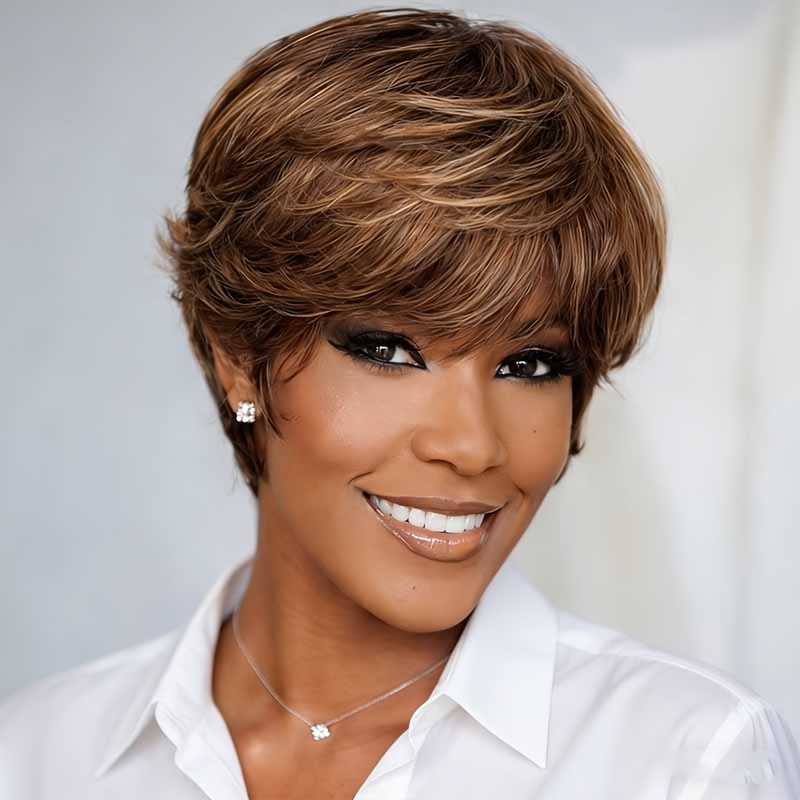 Image of Women' -looking Human Hair Wig Suitable For Parties & Daily Wear - Straight Short Cut With Bangs & Highlights, 180% Density Machine-made Wig With Elastic Base, /27 (blonde Highlights)