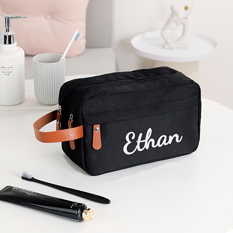 TEMU Customized "ethan" Toiletry Bags - Personalized 's Travel Pouches With Brown Handles, Stylish Black, Navy Blue & Gray Designs, , Friend,