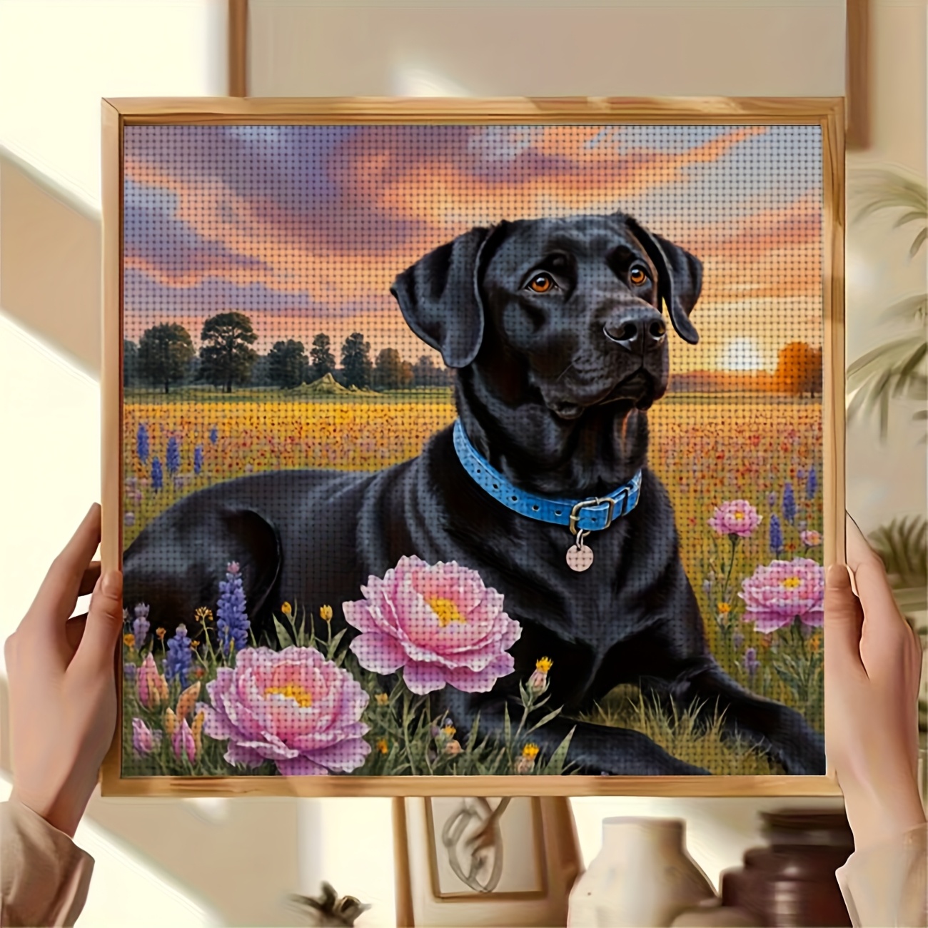 DIY Cross Stitch Kit, Black Dog Lying in Flower Field at Sunset Pattern
