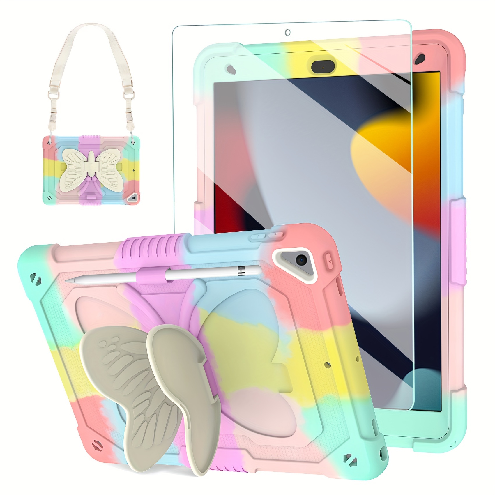 

Stylish Protective Case For Inch 2021 With Tempered Glass Screen Protector, Case For Ipad 9th/8th/7th Generation With Pencil Holder & Shoulder Strap