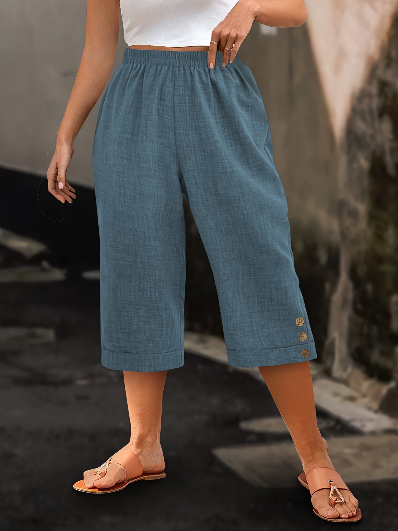 Plus Size Women'S Plus Size Elegant Beige Cropped Pants with Button  Details High-Waisted, Wide-Leg Design, Non-Stretch Fabric Summer,