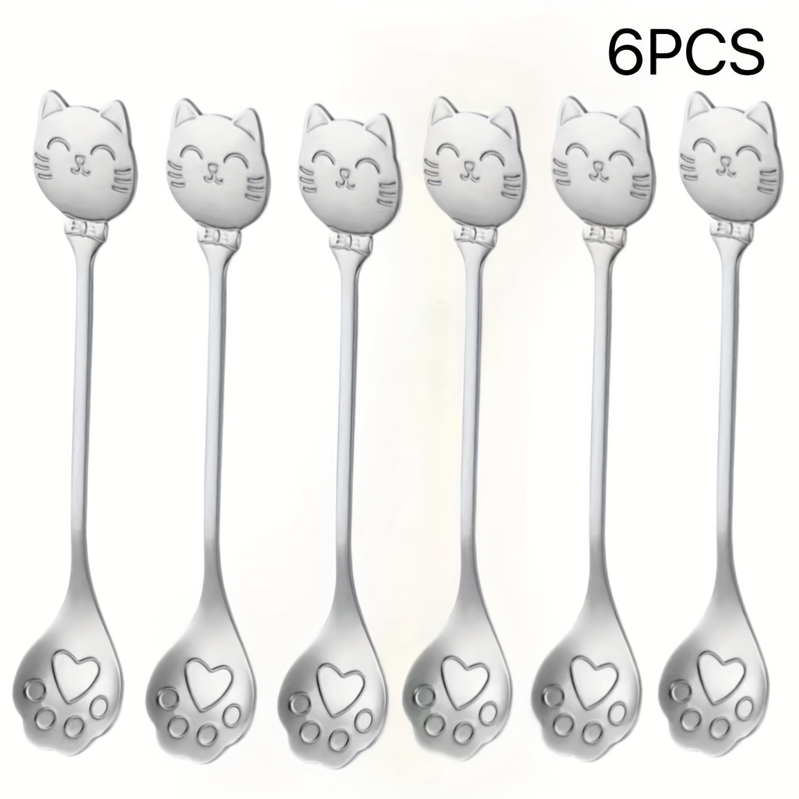 Image of 6/8/10pcs Stainless Steel Cat Paw Spoons - Cute Cartoon Design For Coffee, Ice Cream, Desserts & More - Durable & Stylish Kitchen Tools, Cat Lover Gifts