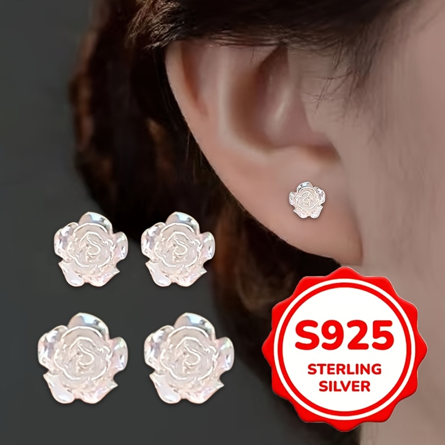 

925 Sterling / Set Low Allergy Retro French White Rose Delicate Women's Earrings