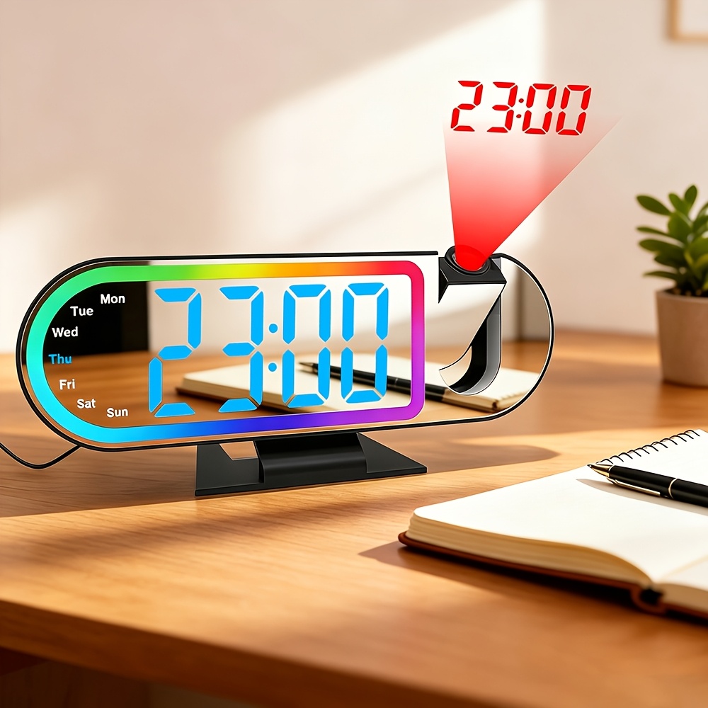 TEMU Despertador con proyección LED, despertador LED de color, compatible con proyección de hora de 180° hacia la pared o el techo, alimentación por