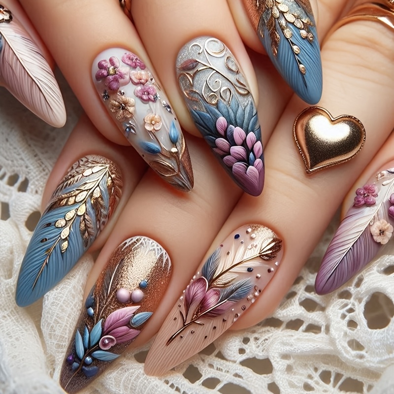 TEMU Autumn Winter 3d Blinking Flowers Fake Nails Mandala Retro Fake Nails Universal Wearable Nail Art New Year Spring Festival Valentine's Day Daily