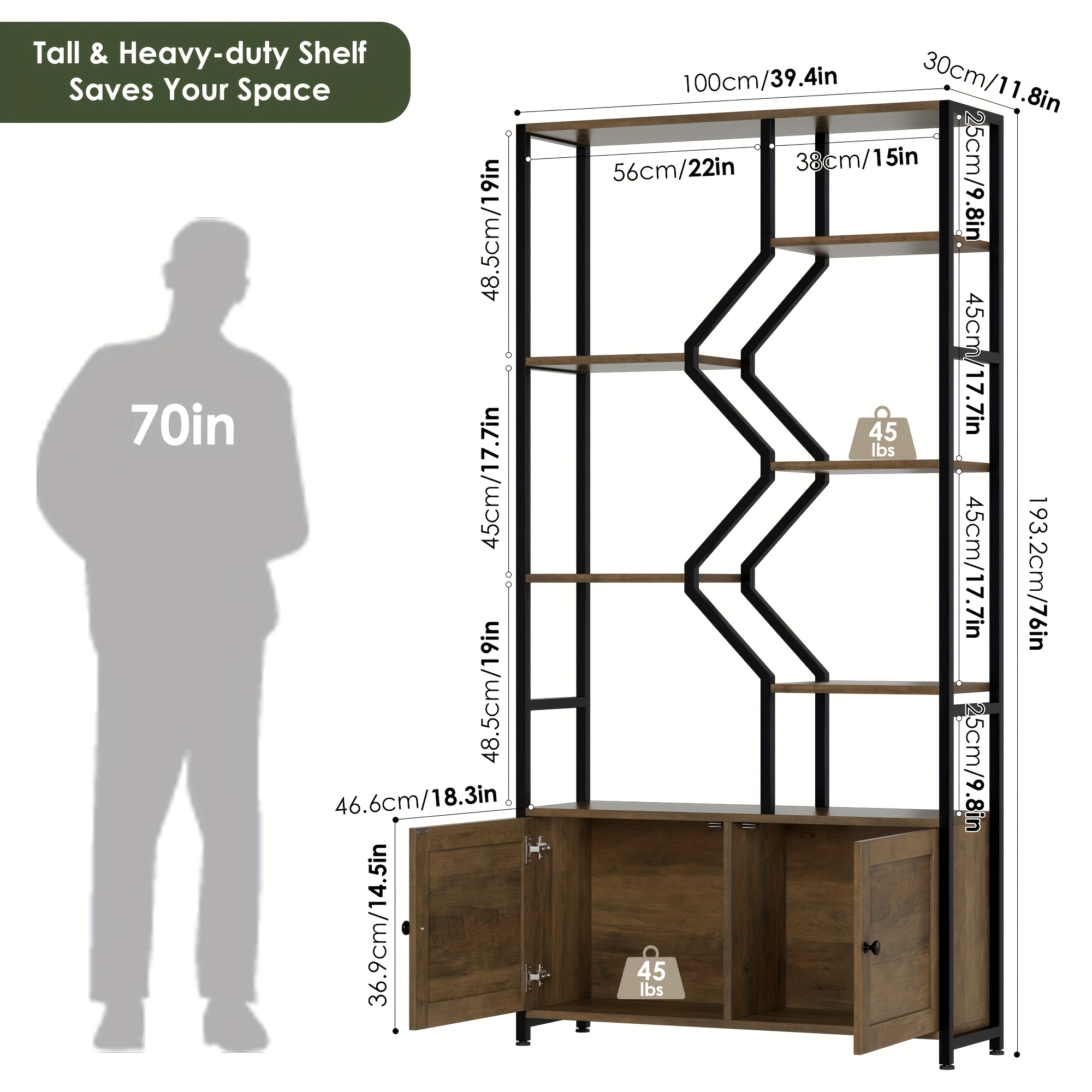 76'' Tall Industrial Bookshelf with Doors, Display Large Bookcase With Storage and Organization Cabinet, Unique Geometric Metal Frame Design, Sturdy Wooden Shelves, Organizer for Library, Living Room, Bedroom, Office, White and Golden/Brown and Black