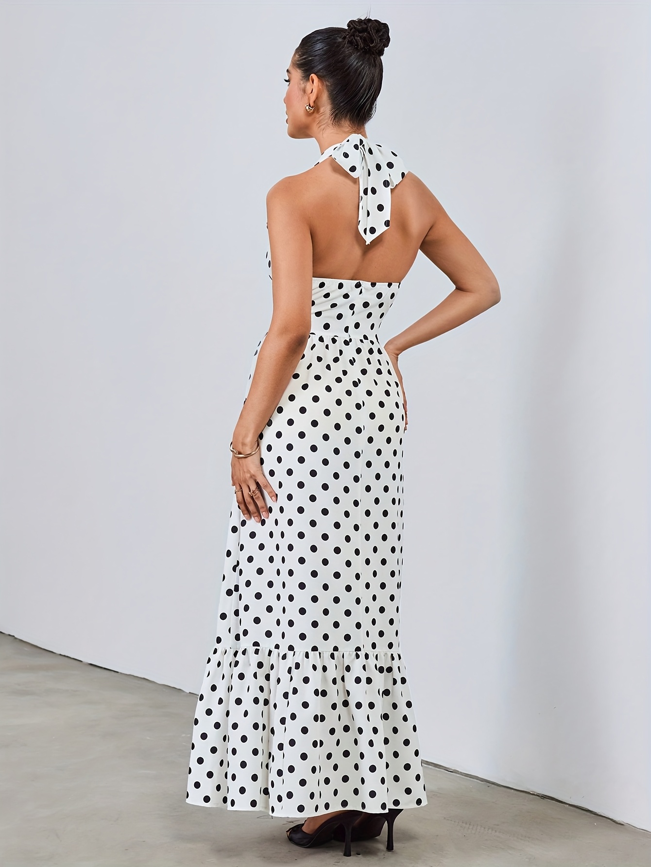 black white polka dot halter maxi dress fit - Temu Mauritius