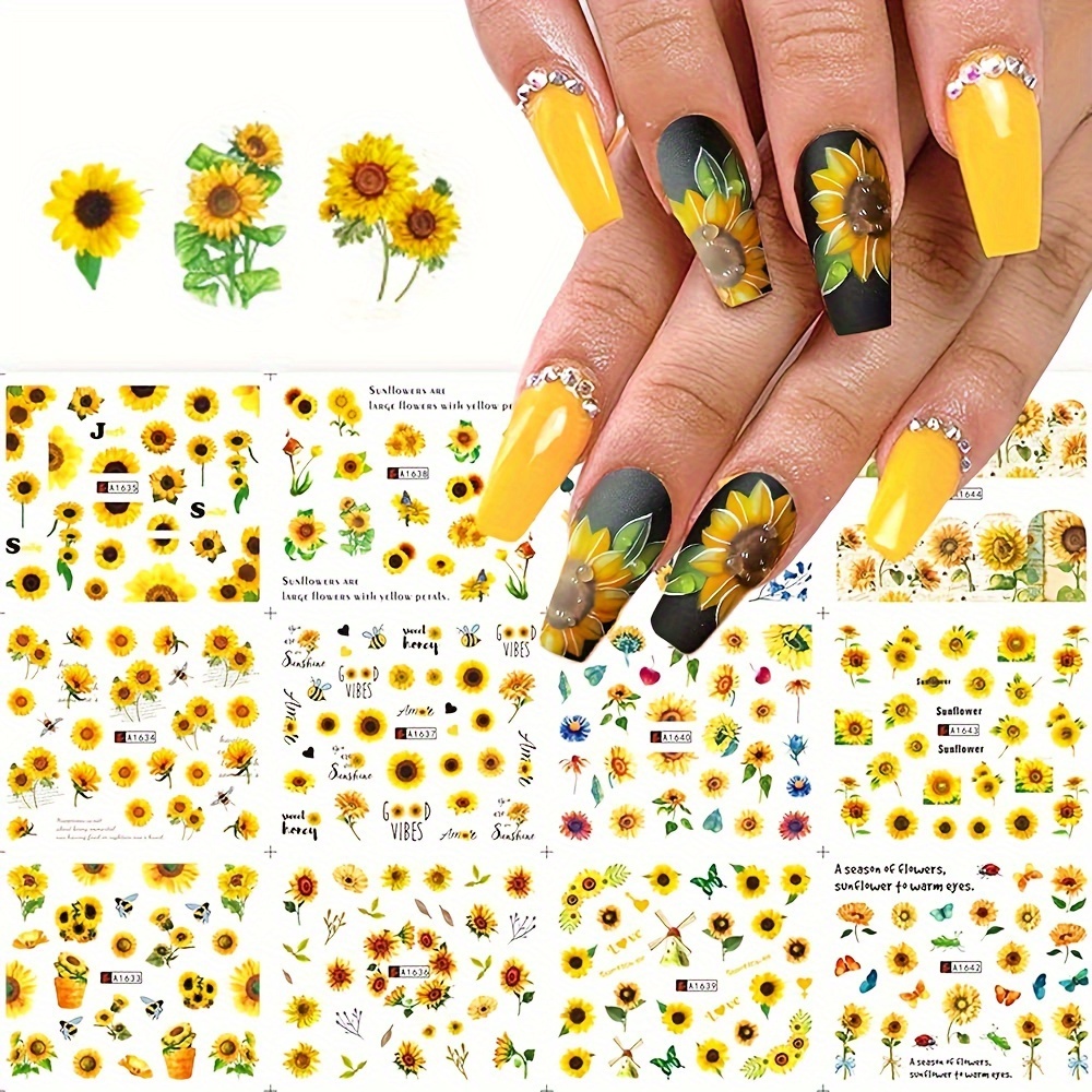 

[customer ] 12pcs Sunflower & Daisy Nail Art Stickers - Water Transfer Decals For Diy Manicure, Sparkle , Self-adhesive, No Scent,