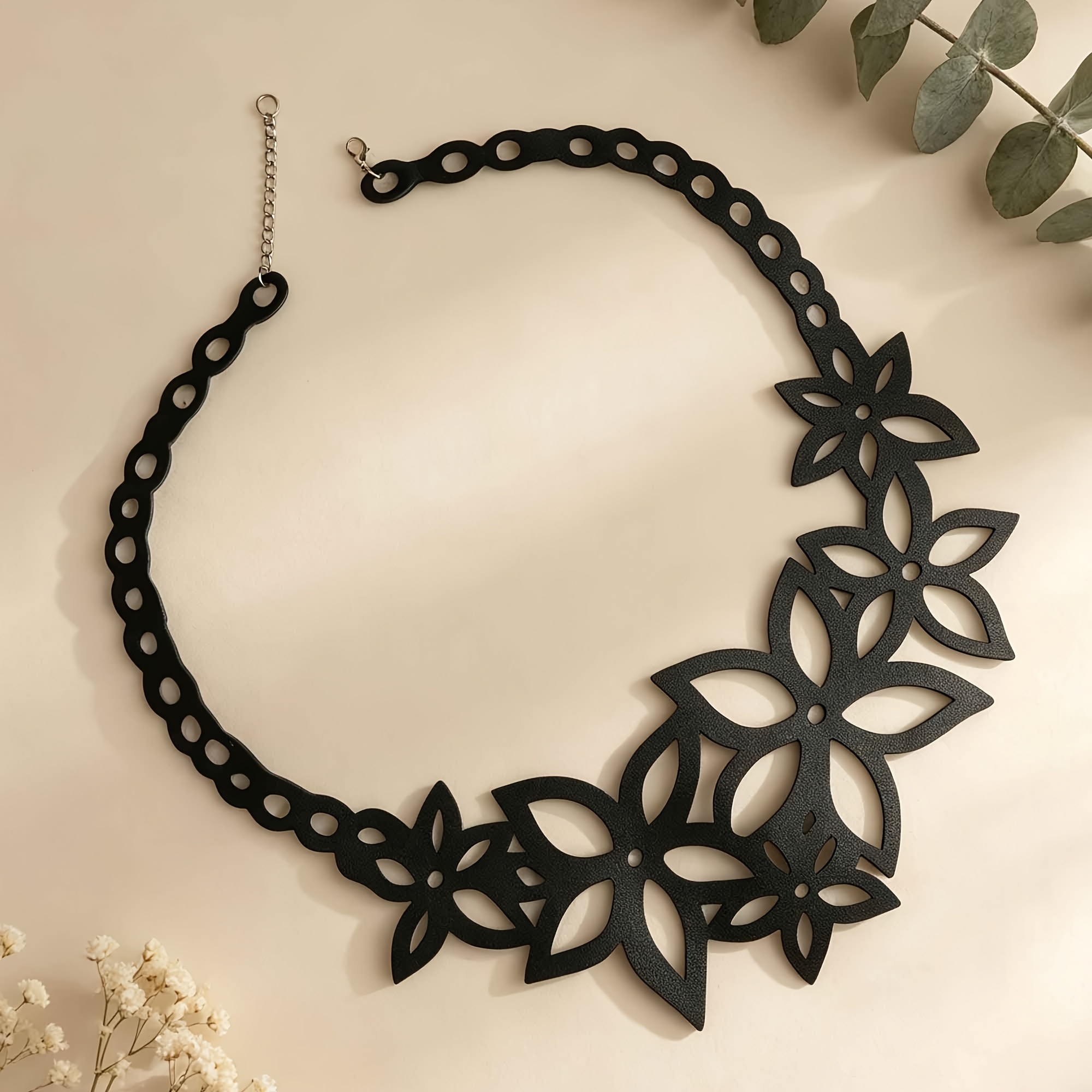Black Hollow Floral Wide Necklace, Unique Niche Design
